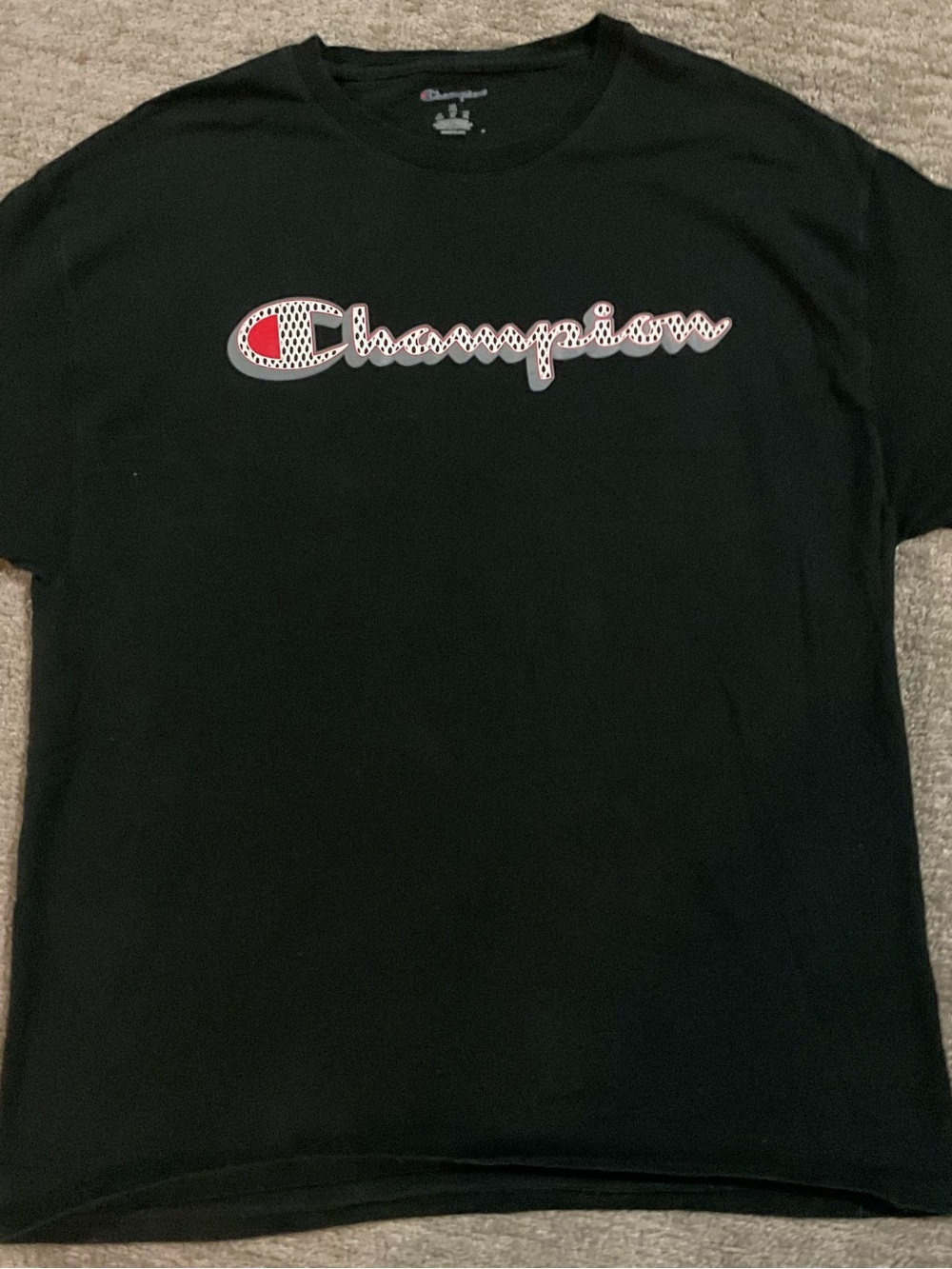 Champion Black Tee with Red & White Script Logo